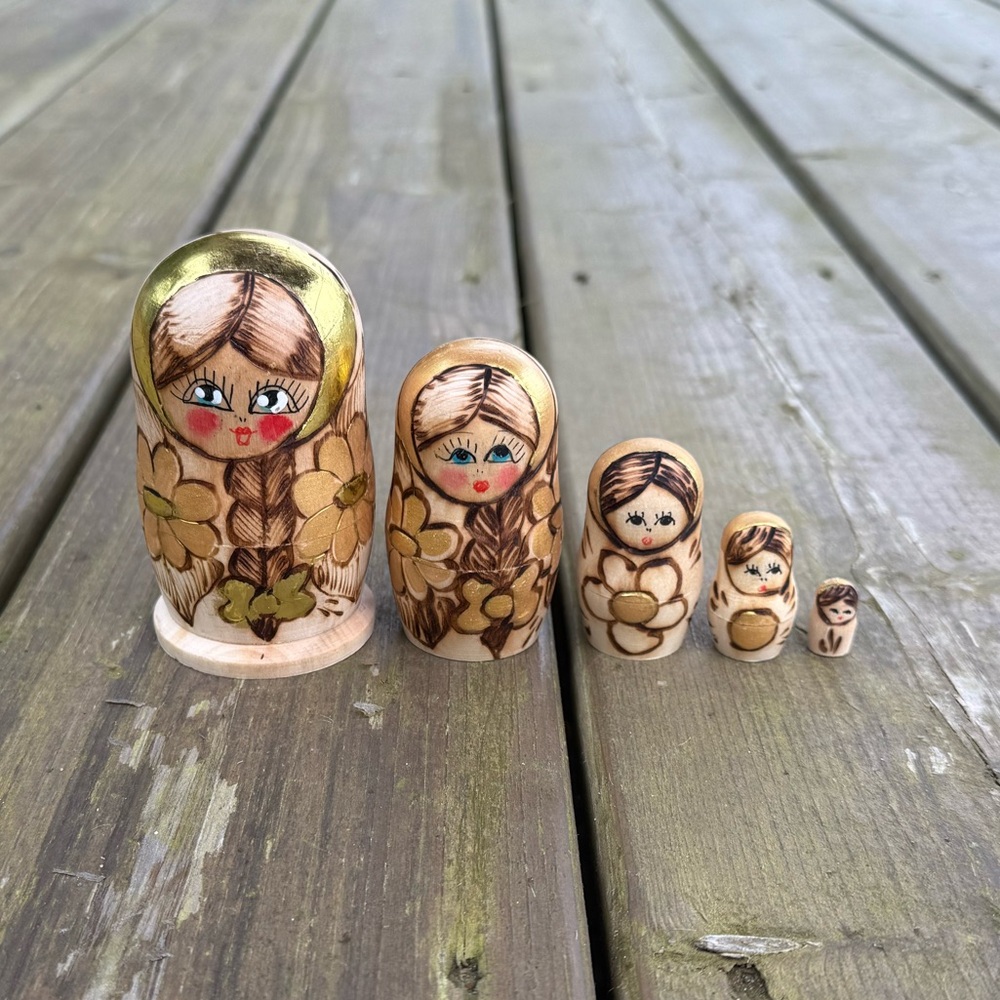 Vintage Set of Five Hand Painted Wooden Matryoshka Dolls Nesting Dolls